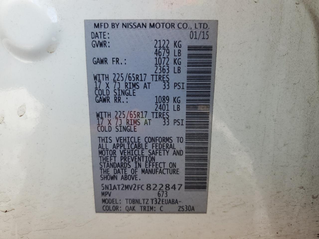 2015 Nissan Rogue VIN 5N1AT2MV2FC822847 Copart auction photo, front end / undercarriage damage thumbnail 15