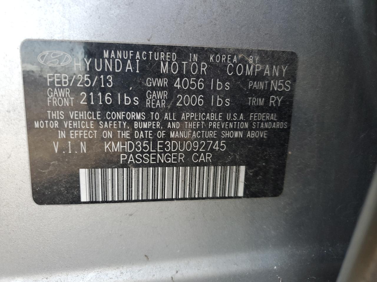 2013 Hyundai Elantra VIN KMHD35LE3DU092745 Copart auction photo, front end / side damage thumbnail 12