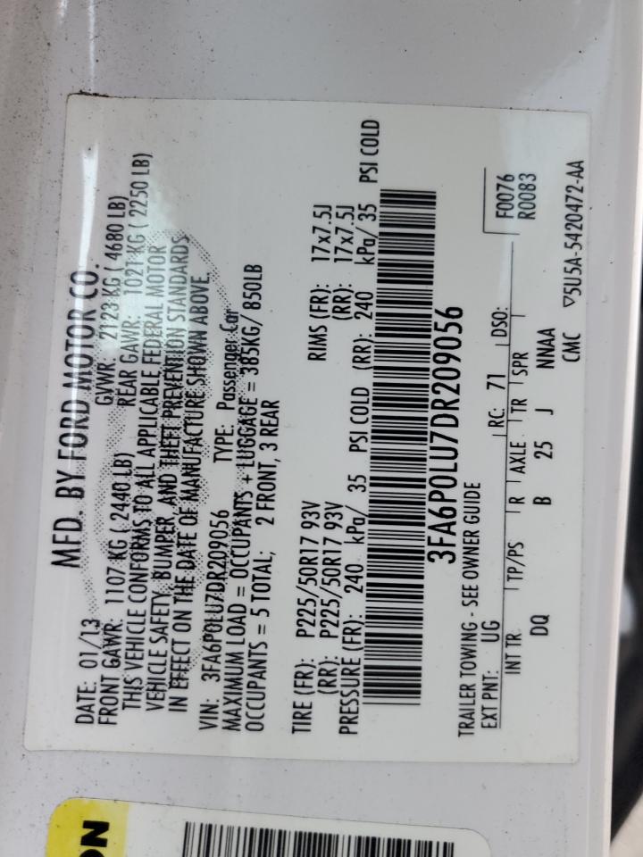 2013 Ford Fusion VIN 3FA6P0LU7DR209056 Copart auction photo, rear end / front end damage thumbnail 12