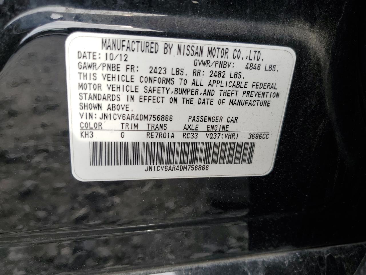 2013 Infiniti G VIN JN1CV6AR4DM756866 Copart auction photo, rear end damage thumbnail 14