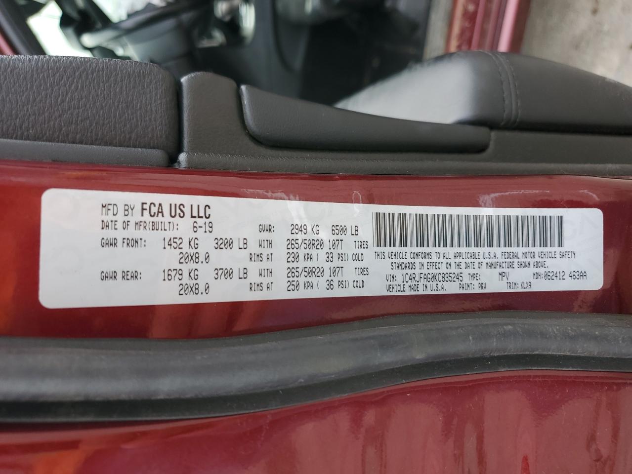 2019 Jeep Grand Cherokee VIN 1C4RJFAG0KC835245 Copart auction photo, front end / minor dent/scratches damage thumbnail 13