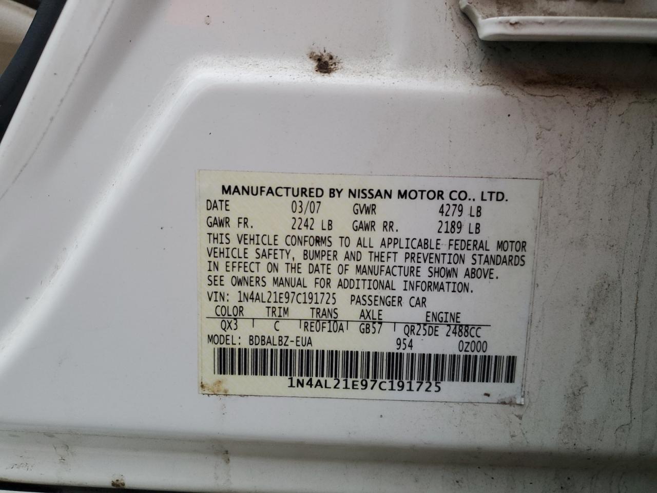 2007 Nissan Altima VIN 1N4AL21E97C191725 Copart auction photo, all over damage thumbnail 12