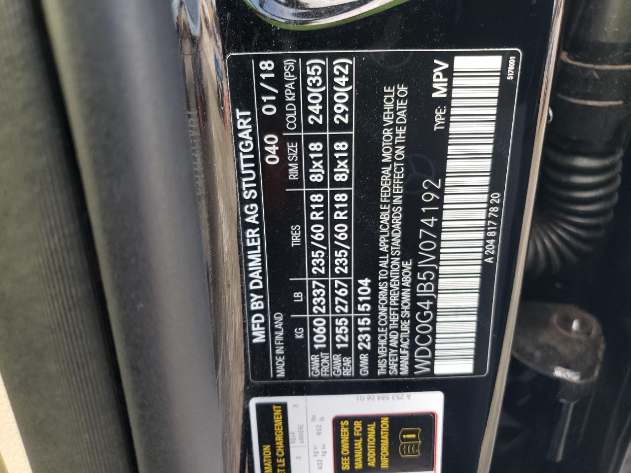 2018 Mercedes-Benz GLC VIN WDC0G4JB5JV074192 Copart auction photo, front end / side damage thumbnail 13