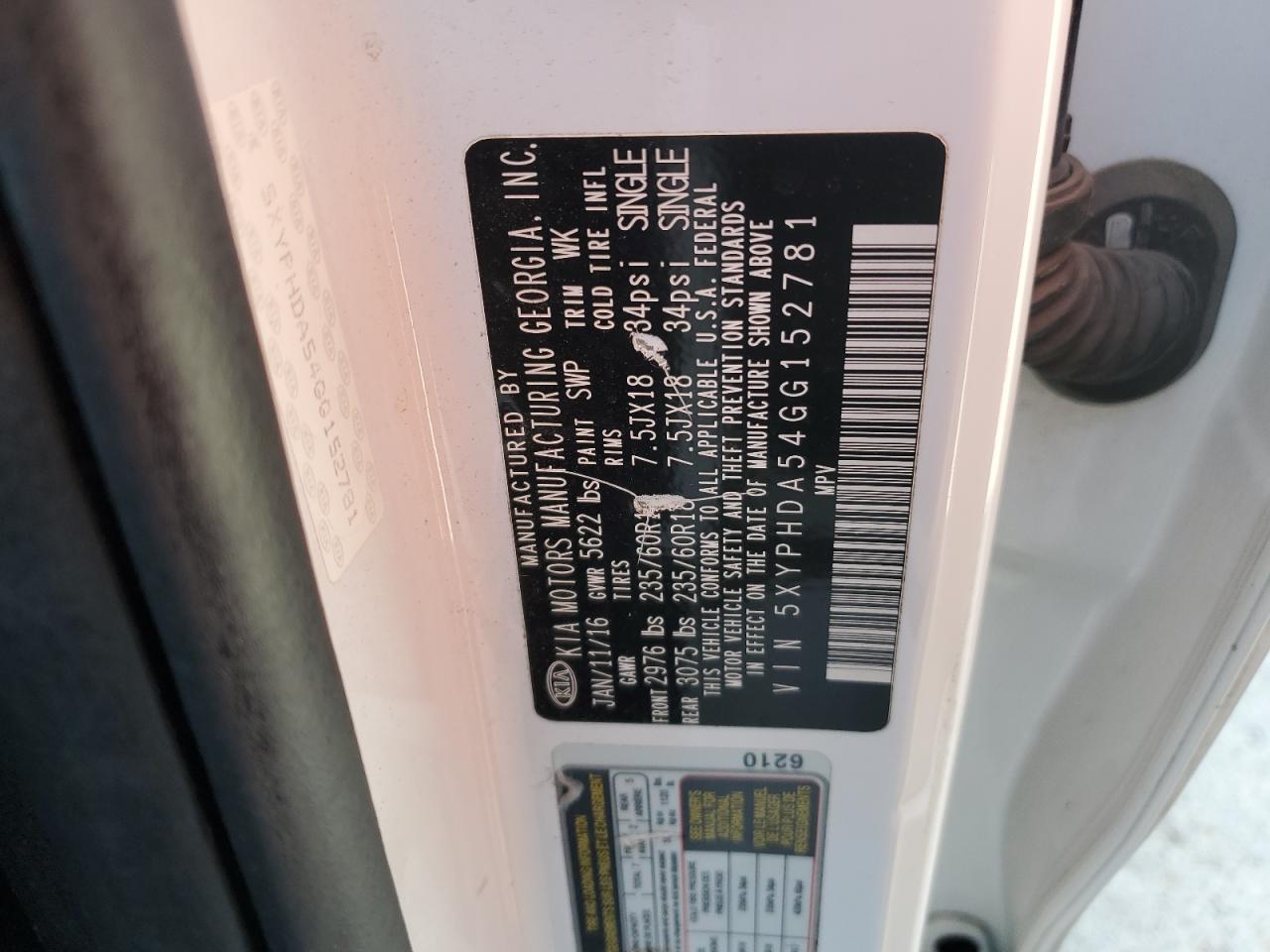 2016 KIA Sorento VIN 5XYPHDA54GG152781 Copart auction photo, front end / side damage thumbnail 15