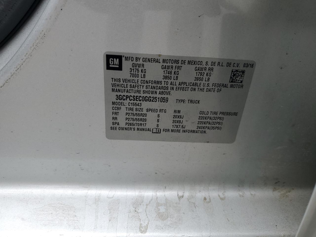 2016 Chevrolet Silverado VIN 3GCPCSEC0GG251059 Copart auction photo, front end / rear end damage thumbnail 14