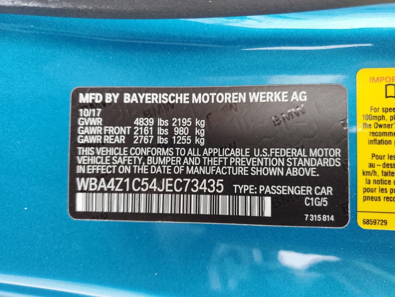 2018 BMW 4er VIN WBA4Z1C54JEC73435 Copart auction photo, front end damage thumbnail 13