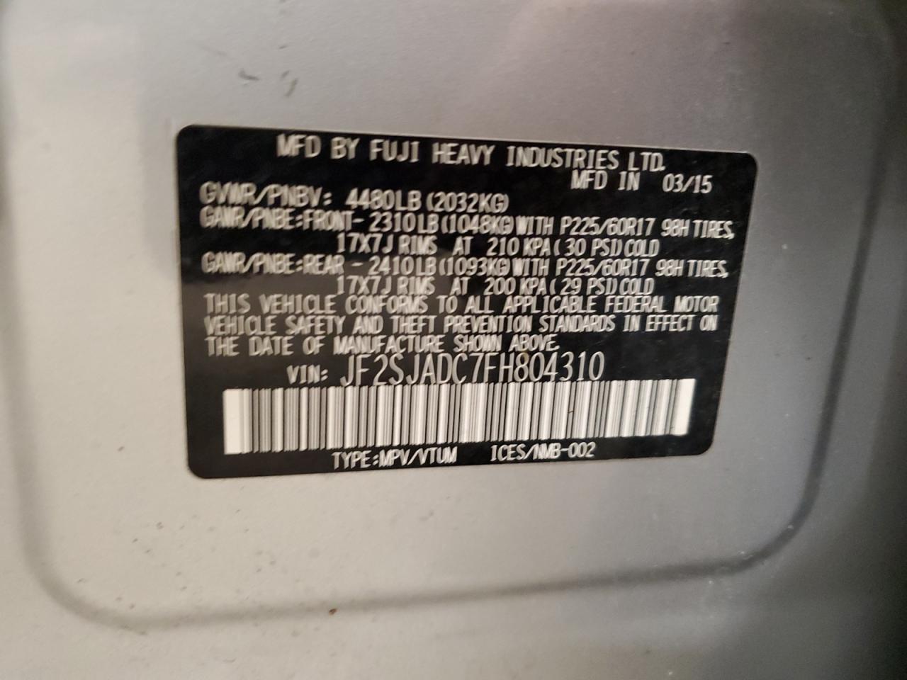 2015 Subaru Forester VIN JF2SJADC7FH804310 Copart auction photo, rear end damage thumbnail 13