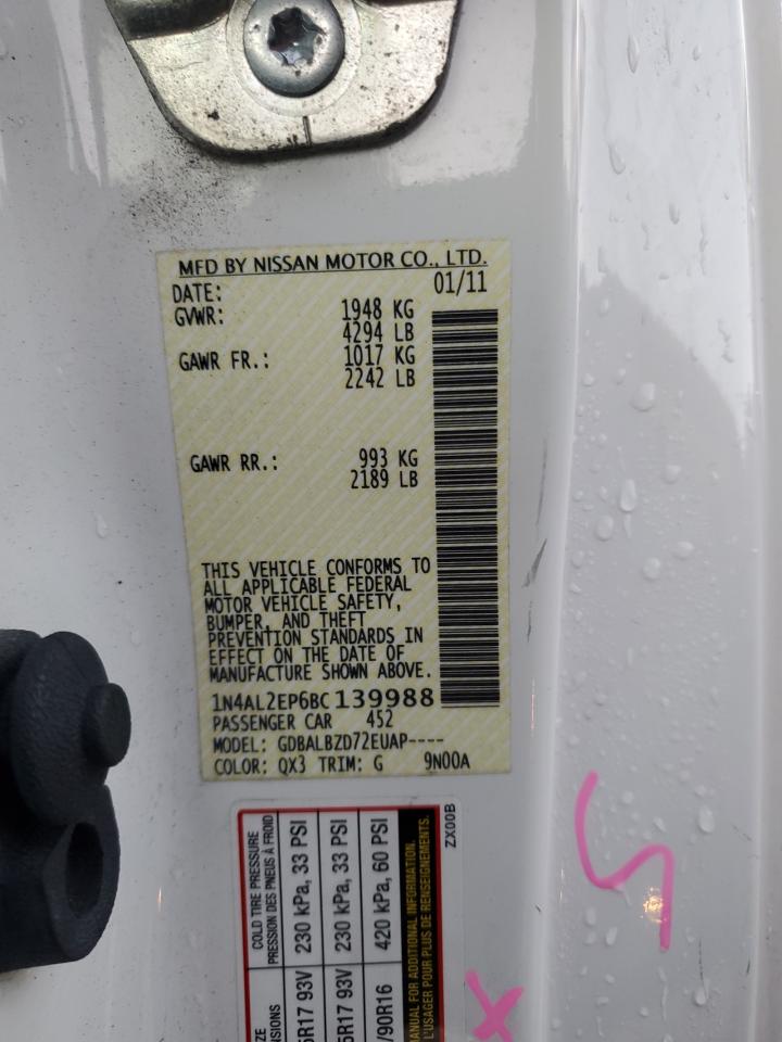 2011 Nissan Altima VIN 1N4AL2EP6BC139988 Copart auction photo, rear end / hail damage thumbnail 13