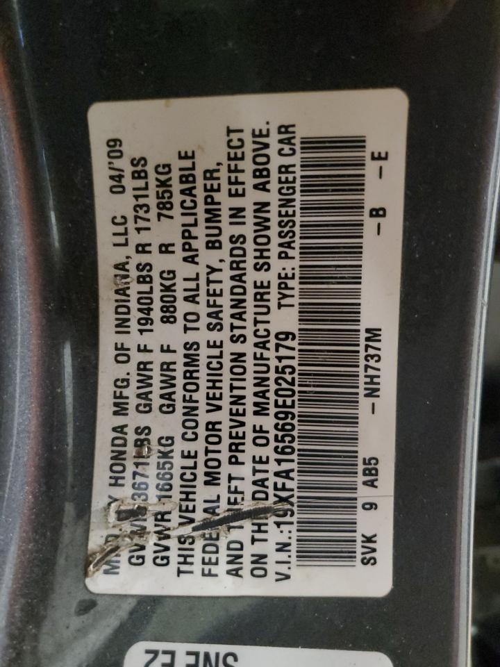 2009 Honda Civic VIN 19XFA16569E025179 Copart auction photo, minor dent/scratches damage thumbnail 12