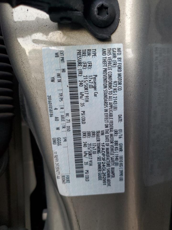 2016 Ford Focus VIN 1FADP3F24GL262951 Copart auction photo, rear end damage thumbnail 12