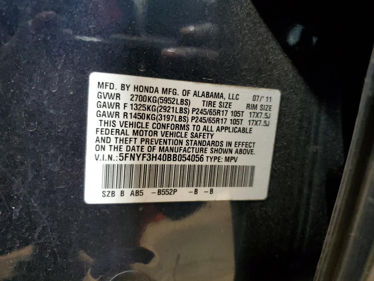 2011 Honda Pilot VIN 5FNYF3H40BB054056 Copart auction photo, front end damage thumbnail 12