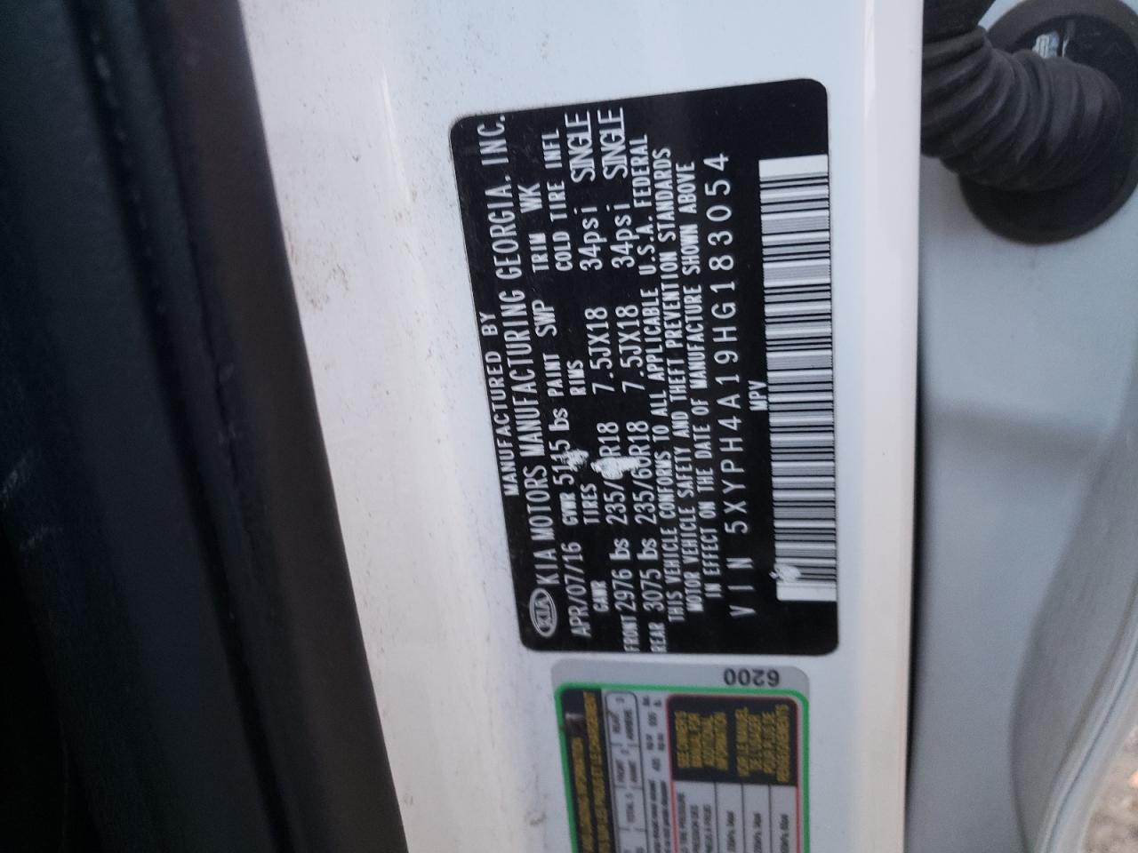2017 KIA Sorento VIN 5XYPH4A19HG183054 Copart auction photo, rollover damage thumbnail 15
