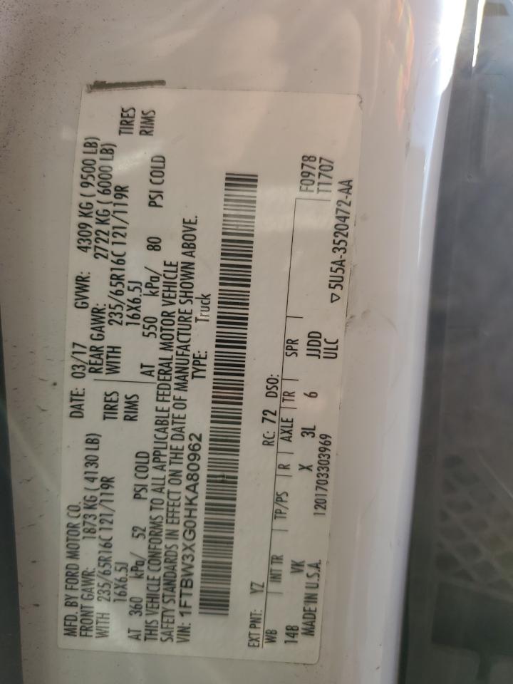 2017 Ford Transit VIN 1FTBW3XG0HKA80962 Copart auction photo, rear end / minor dent/scratches damage thumbnail 13