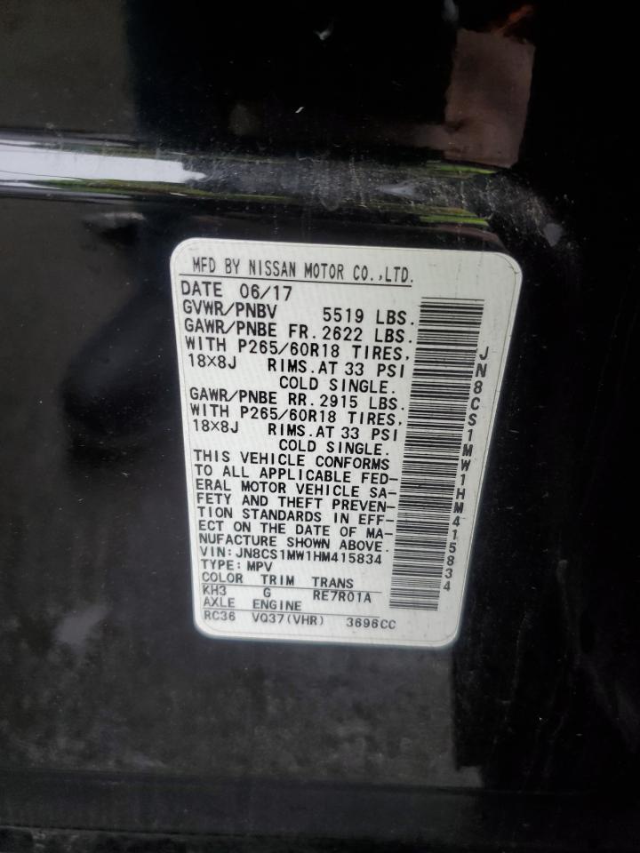 2017 Infiniti QX70 VIN JN8CS1MW1HM415834 Copart auction photo, stripped / vandalism damage thumbnail 12