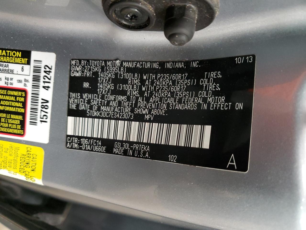 2014 Toyota Sienna VIN 5TDKK3DC7ES423073 Copart auction photo, front end / rear end damage thumbnail 15