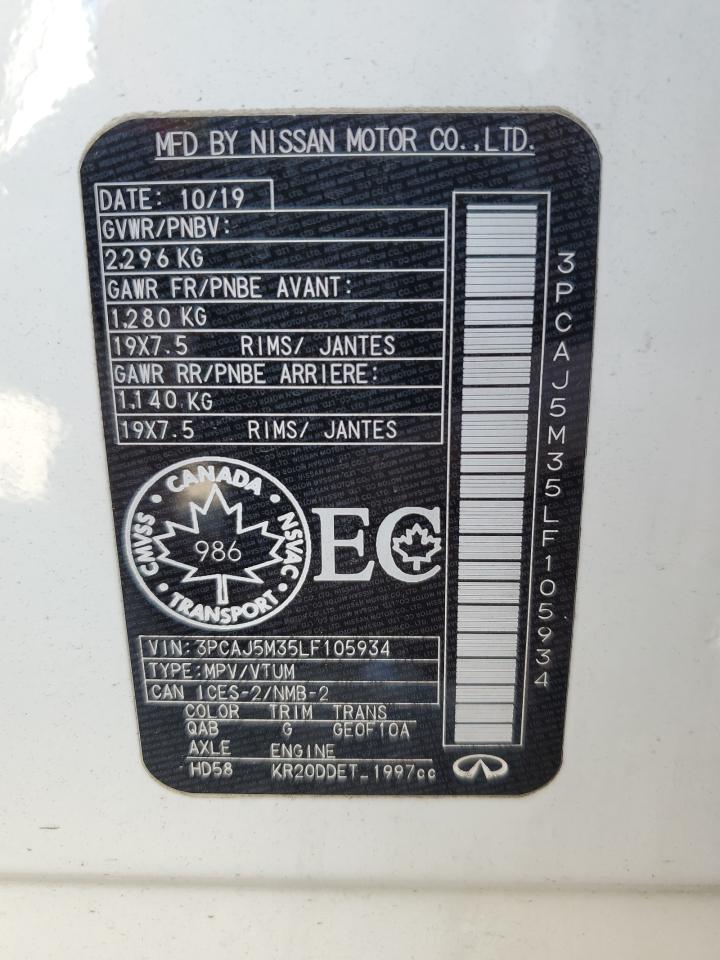 2020 Infiniti QX50 VIN 3PCAJ5M35LF105934 Copart auction photo, front end damage thumbnail 13