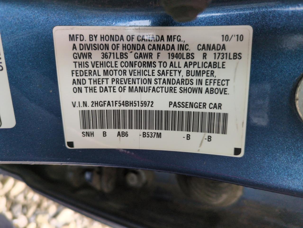 2011 Honda Civic VIN 2HGFA1F54BH515972 Copart auction photo, front end damage thumbnail 13