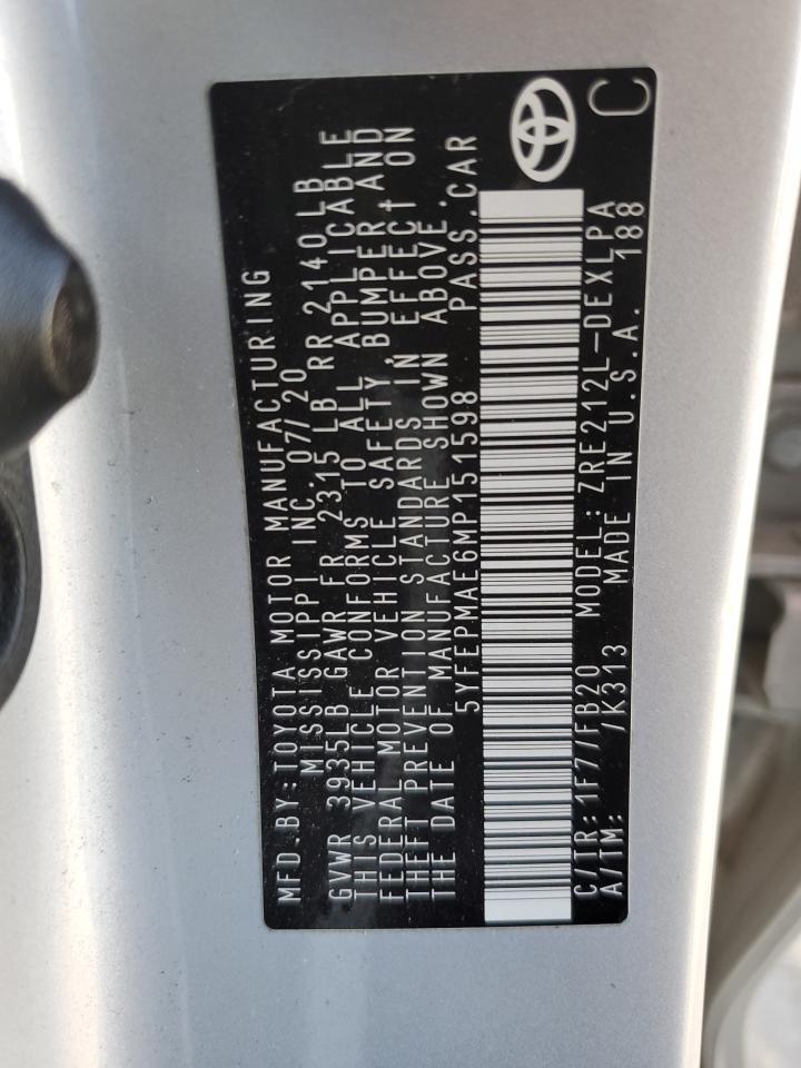 2021 Toyota Corolla VIN 5YFEPMAE6MP151598 Copart auction photo, front end damage thumbnail 12