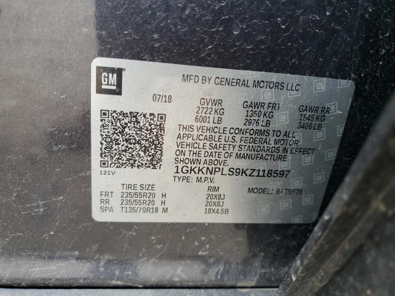 2019 GMC Acadia VIN 1GKKNPLS9KZ118597 Copart auction photo, front end / side damage thumbnail 14