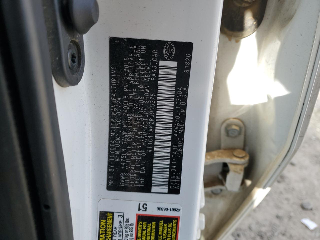 2024 Toyota Camry VIN 4T1C11AK2RU905275 Copart auction photo, front end / rear end damage thumbnail 13