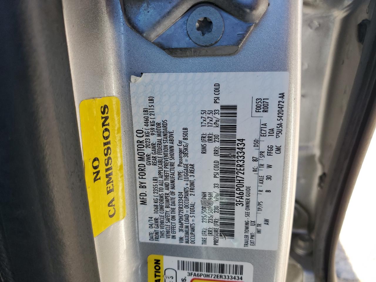 2014 Ford Fusion VIN 3FA6P0H72ER333434 Copart auction photo, front end damage thumbnail 14