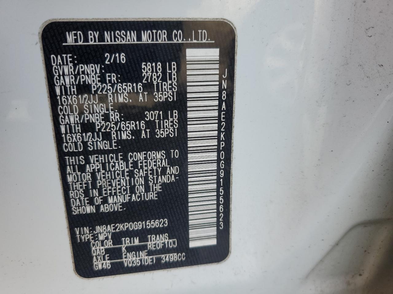 2016 Nissan Quest VIN JN8AE2KP0G9155623 Copart auction photo, front end / side damage thumbnail 15