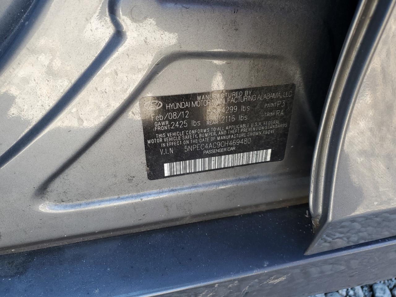 2012 Hyundai Sonata VIN 5NPEC4AC9CH469480 Copart auction photo, front end / side damage thumbnail 15