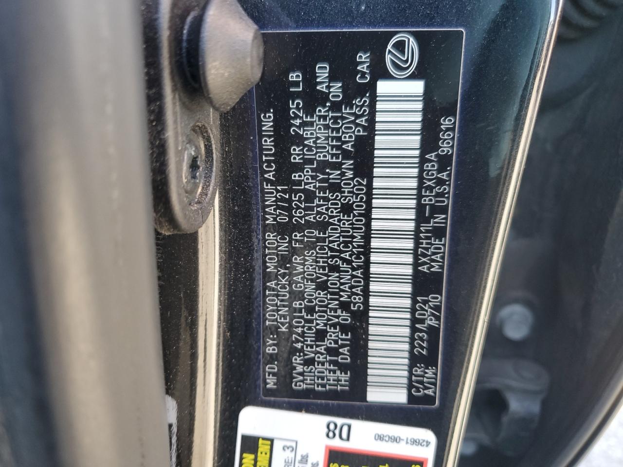 2021 Lexus ES VIN 58ADA1C11MU010502 Copart auction photo, side / rear end damage thumbnail 12