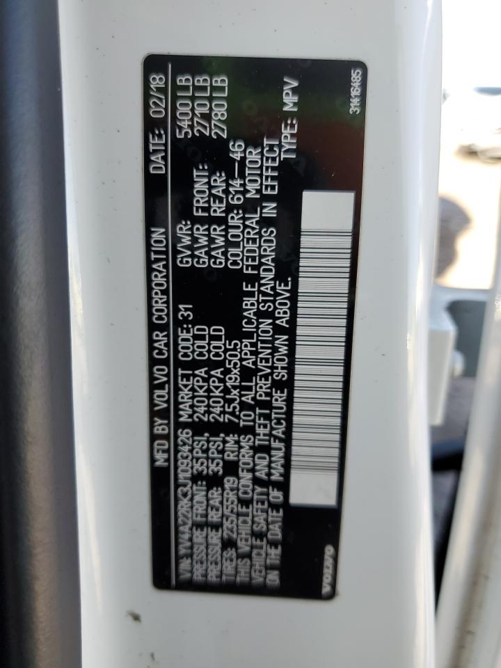 2018 Volvo XC60 VIN YV4A22RK3J1093426 Copart auction photo, front end / side damage thumbnail 13