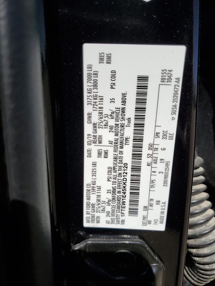 2019 Ford F-150 VIN 1FTEW1E45KKD12120 Copart auction photo, front end / side damage thumbnail 14