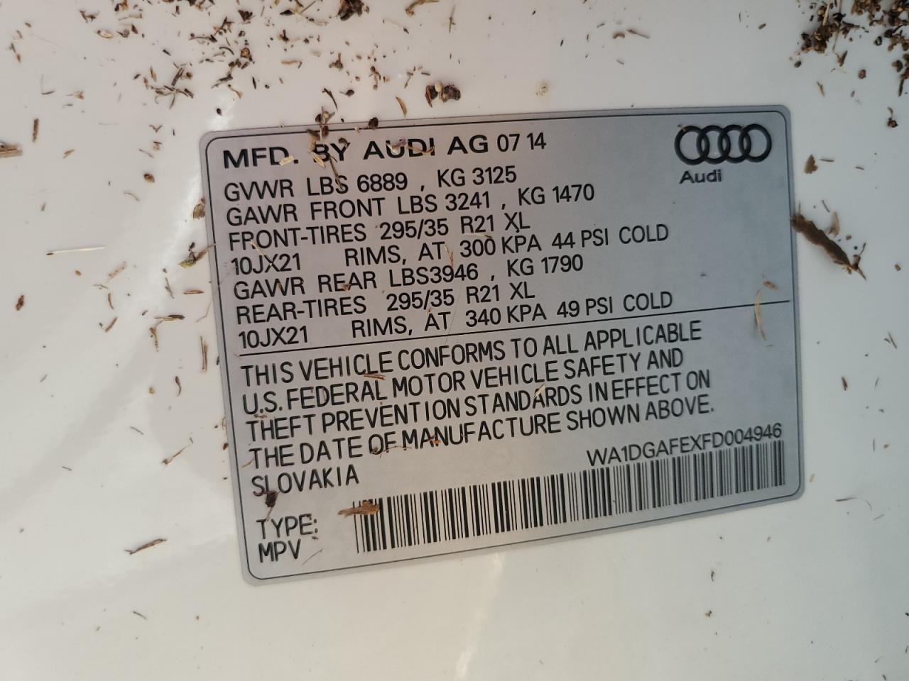 2015 Audi Q7 VIN WA1DGAFEXFD004946 Copart auction photo, water/flood damage thumbnail 14