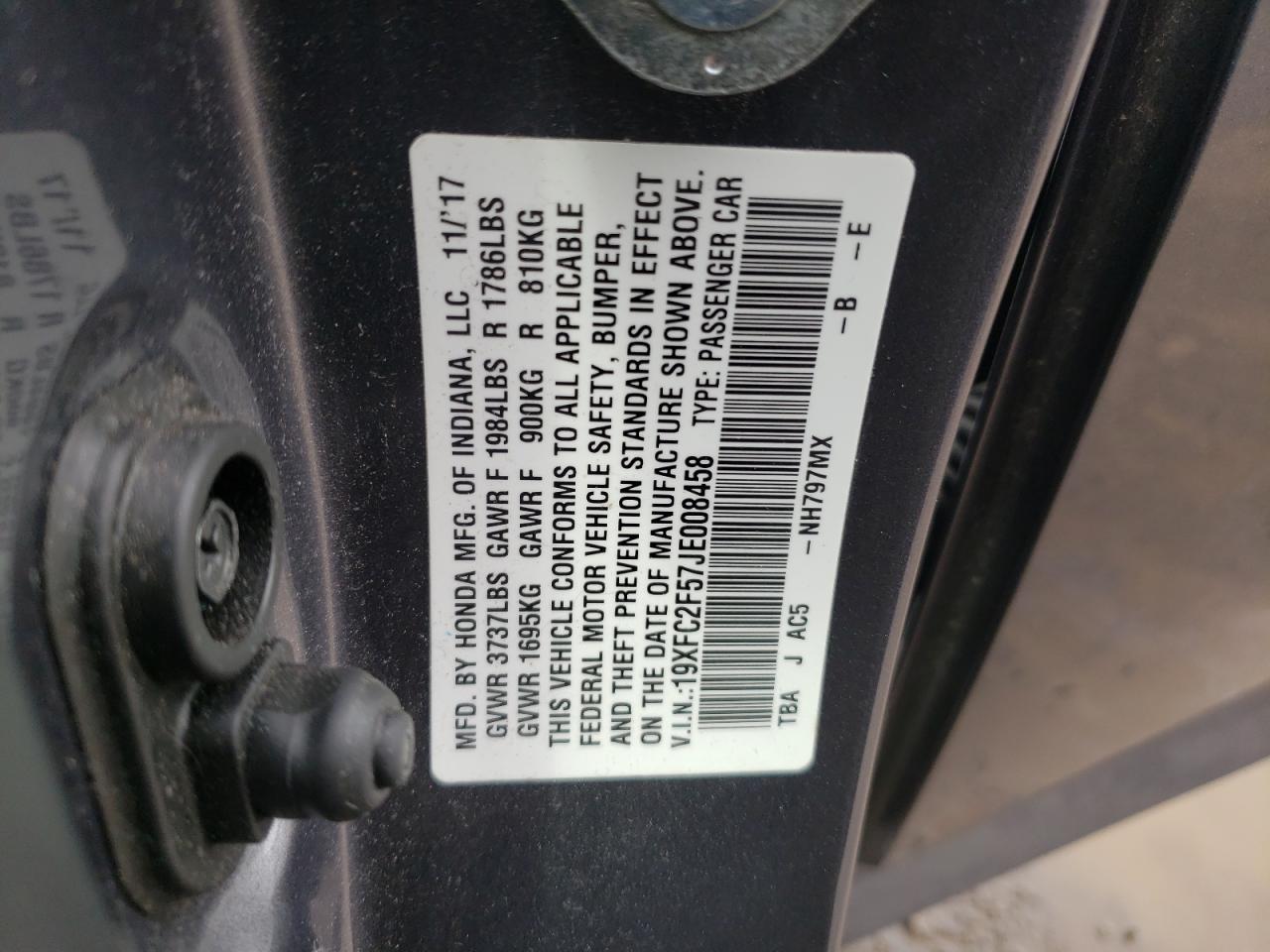 2018 Honda Civic VIN 19XFC2F57JE008458 Copart auction photo, all over / undercarriage damage thumbnail 14