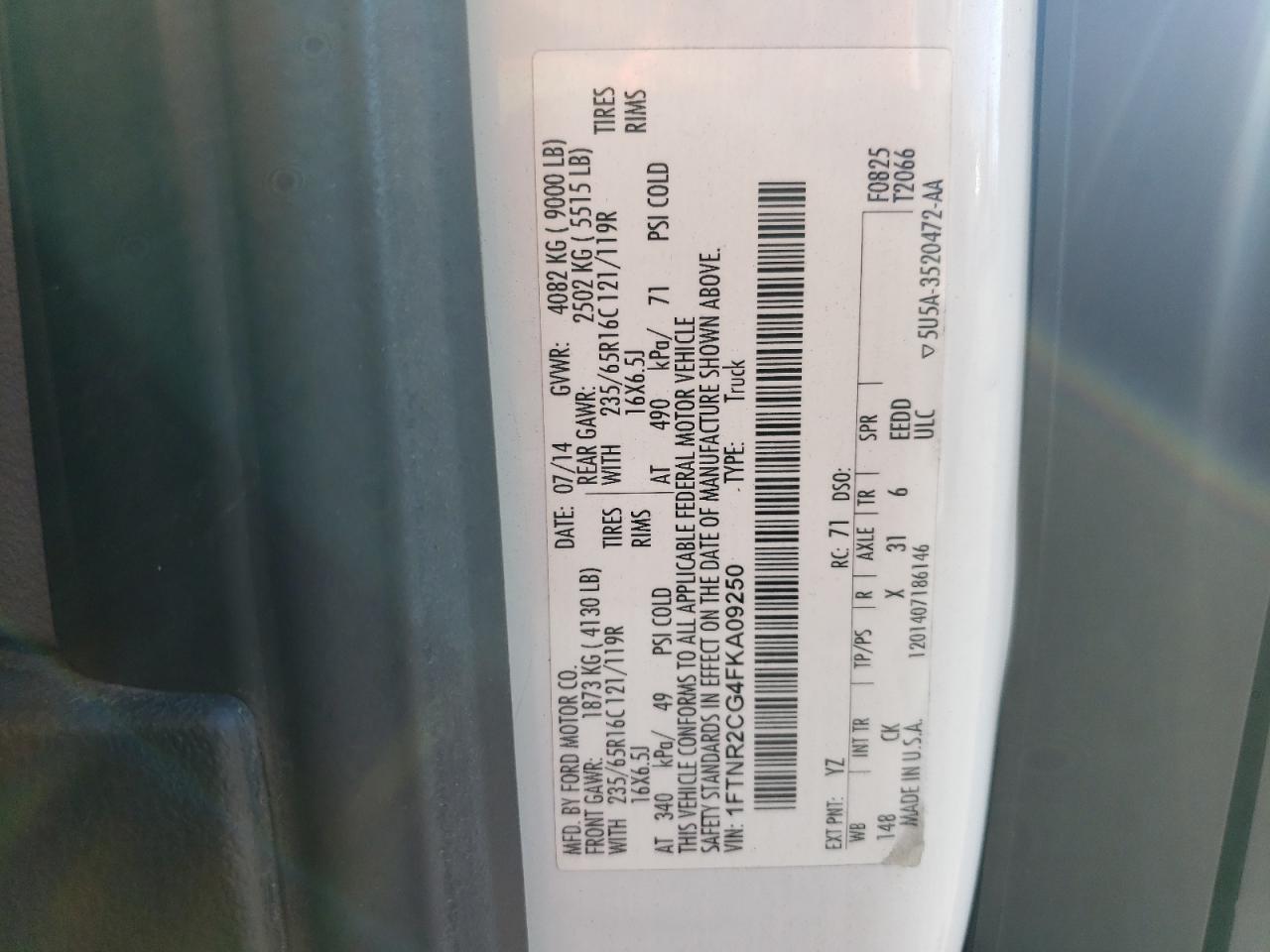 2015 Ford Transit VIN 1FTNR2CG4FKA09250 Copart auction photo, burn damage thumbnail 13