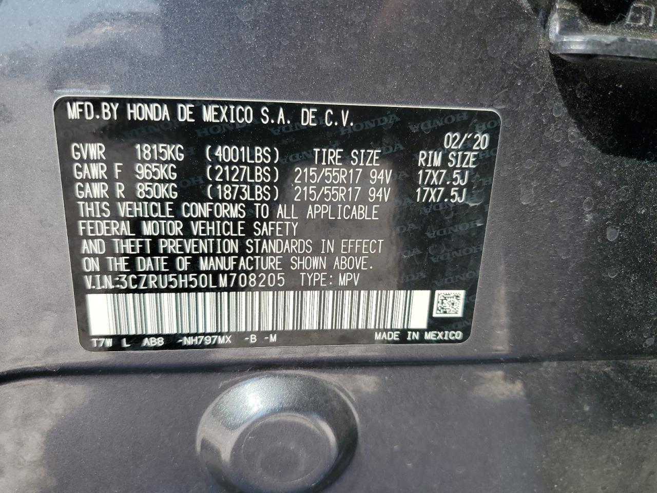 2020 Honda HR-V VIN 3CZRU5H50LM708205 Copart auction photo, front end damage thumbnail 14