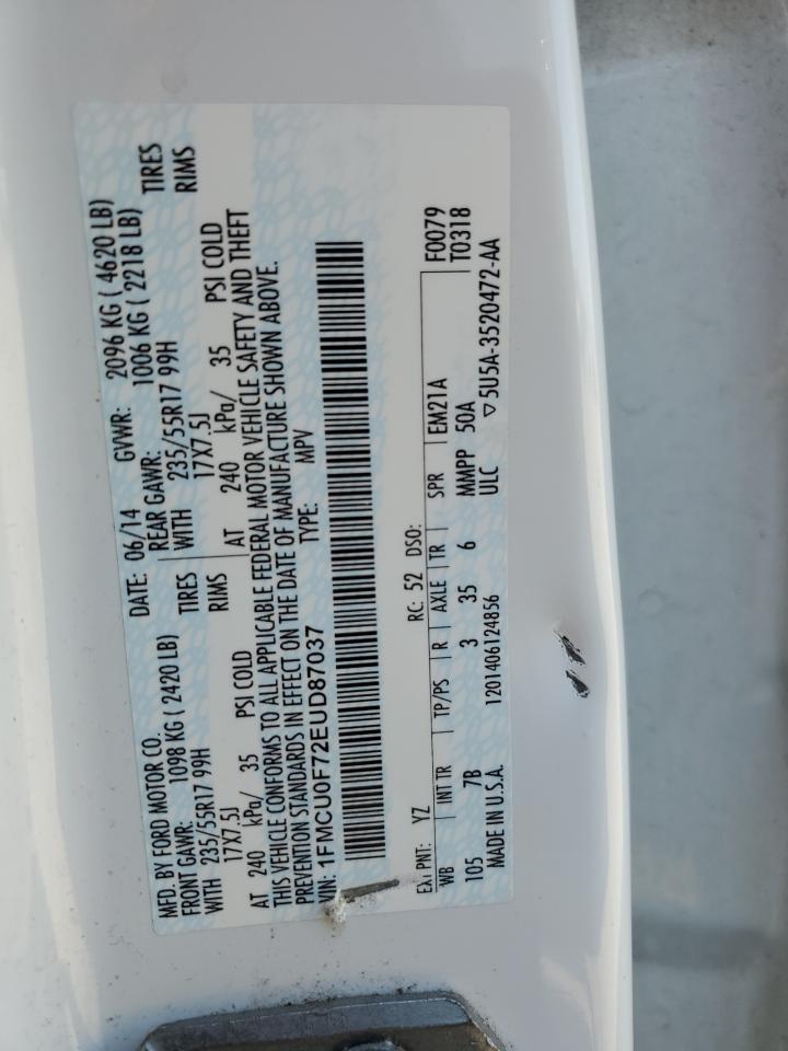 2014 Ford Escape VIN 1FMCU0F72EUD87037 Copart auction photo, front end / minor dent/scratches damage thumbnail 14
