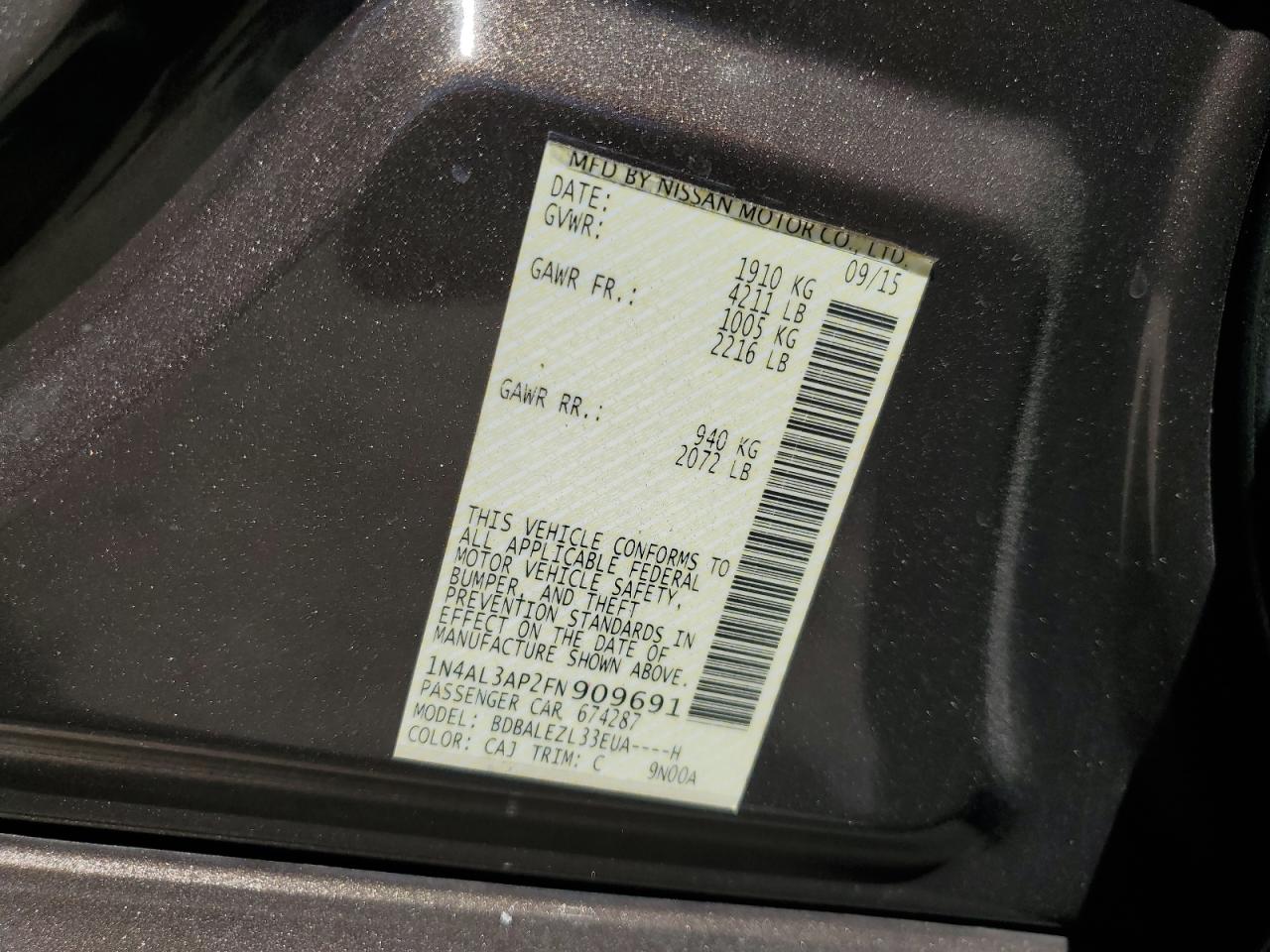 2015 Nissan Altima VIN 1N4AL3AP2FN909691 Copart auction photo, all over damage thumbnail 12