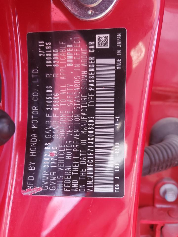 2018 Honda Civic VIN JHMFC1F71JX006392 Copart auction photo, rear end damage thumbnail 12