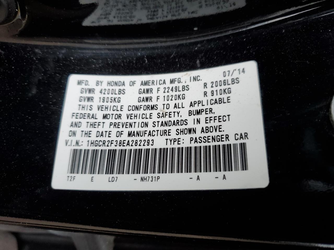 2014 Honda Accord VIN 1HGCR2F38EA282293 Copart auction photo, undercarriage / minor dent/scratches damage thumbnail 14