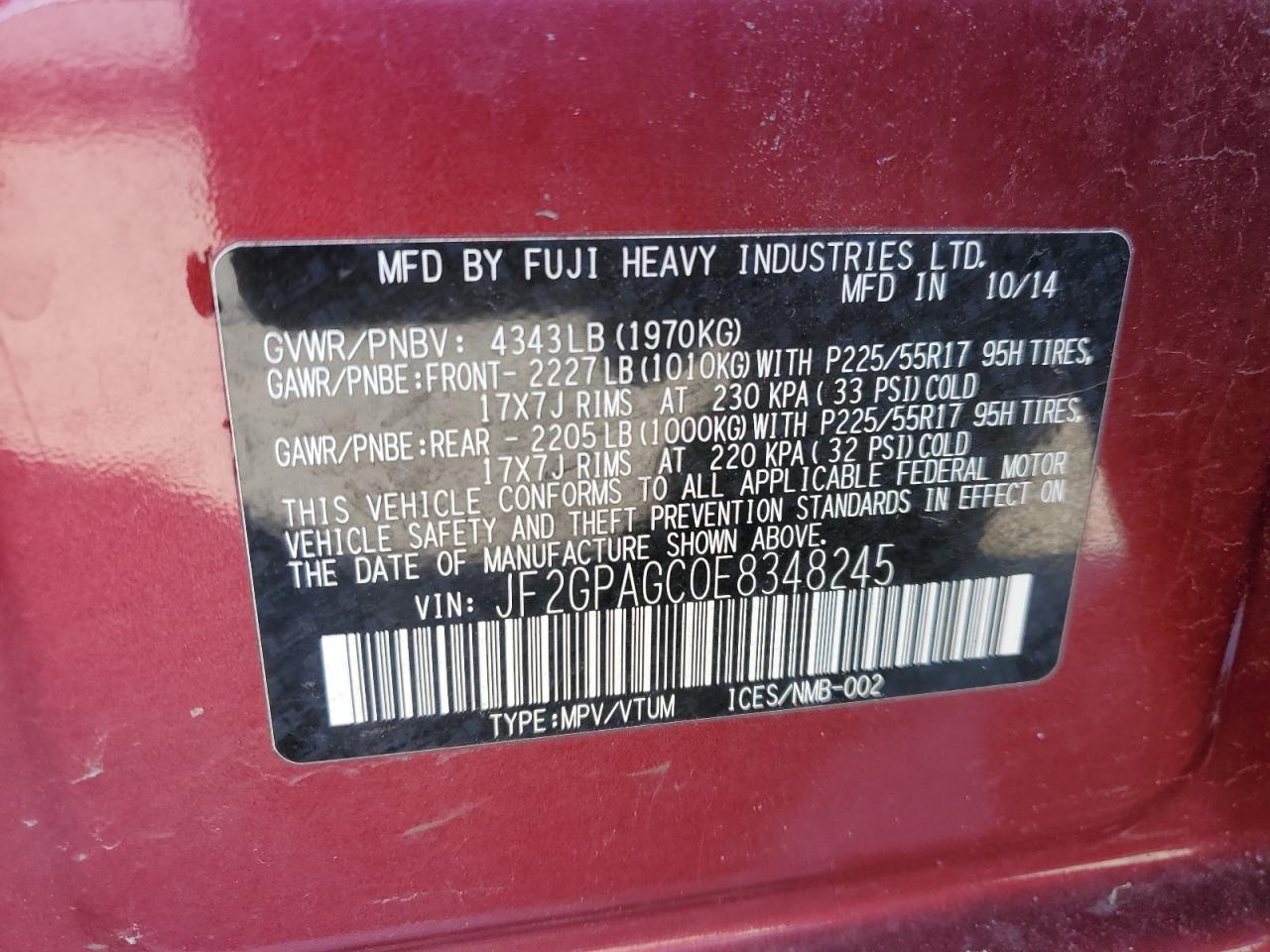 2014 Subaru XV VIN JF2GPAGC0E8348245 Copart auction photo, front end damage thumbnail 14
