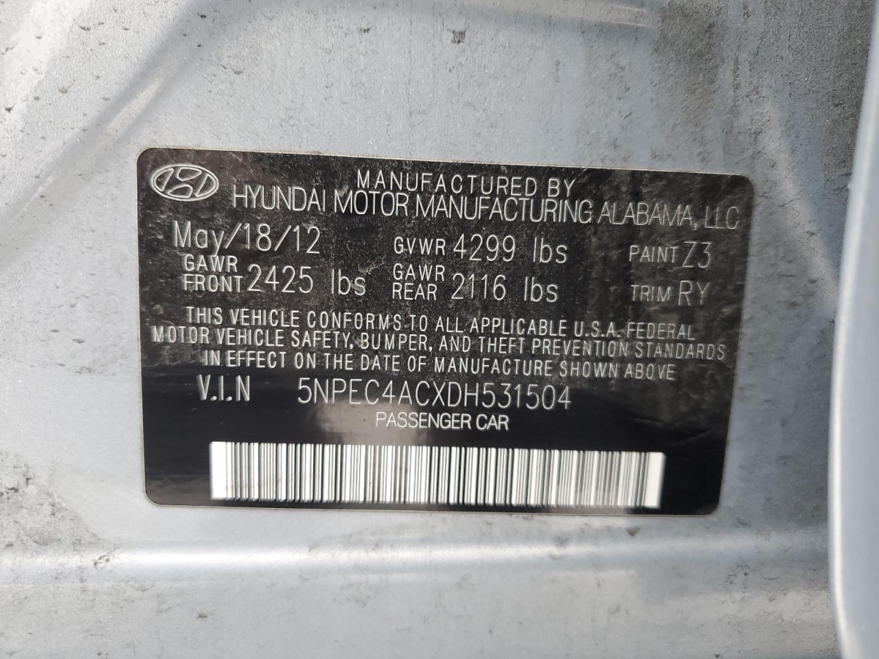 2013 Hyundai Sonata VIN 5NPEC4ACXDH531504 Copart auction photo, rear end / minor dent/scratches damage thumbnail 12