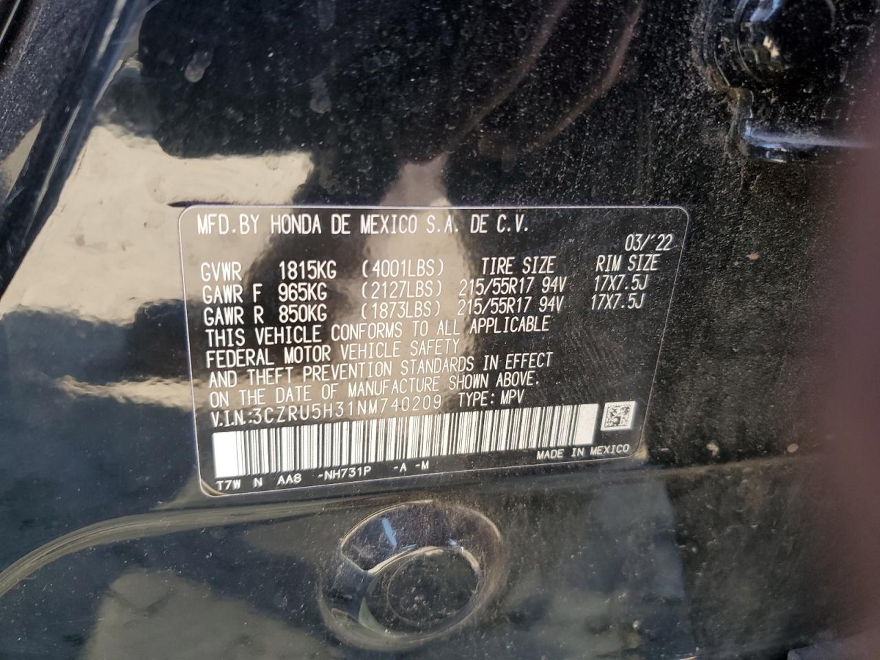 2022 Honda HR-V VIN 3CZRU5H31NM740209 Copart auction photo, all over / mechanical damage thumbnail 13