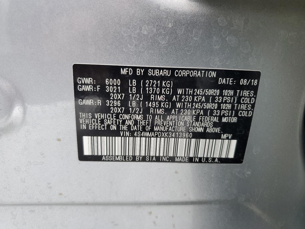 2019 Subaru Ascent VIN 4S4WMAPDXK3413960 Copart auction photo, rear end / top/roof damage thumbnail 13