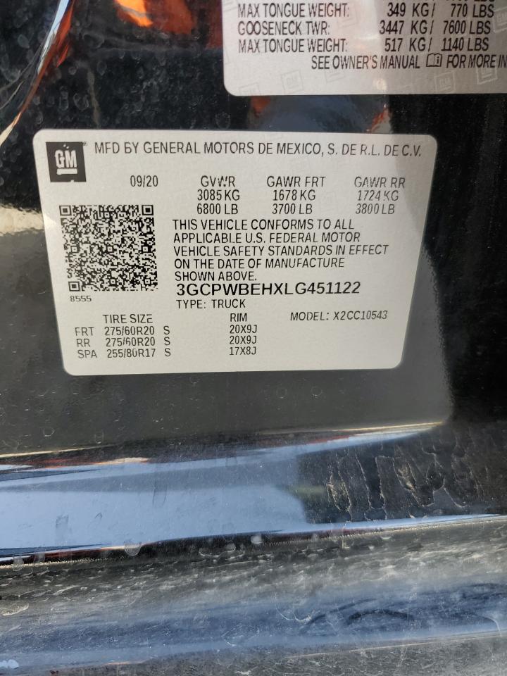 2020 Chevrolet Silverado VIN 3GCPWBEHXLG451122 Copart auction photo, rear end / minor dent/scratches damage thumbnail 12