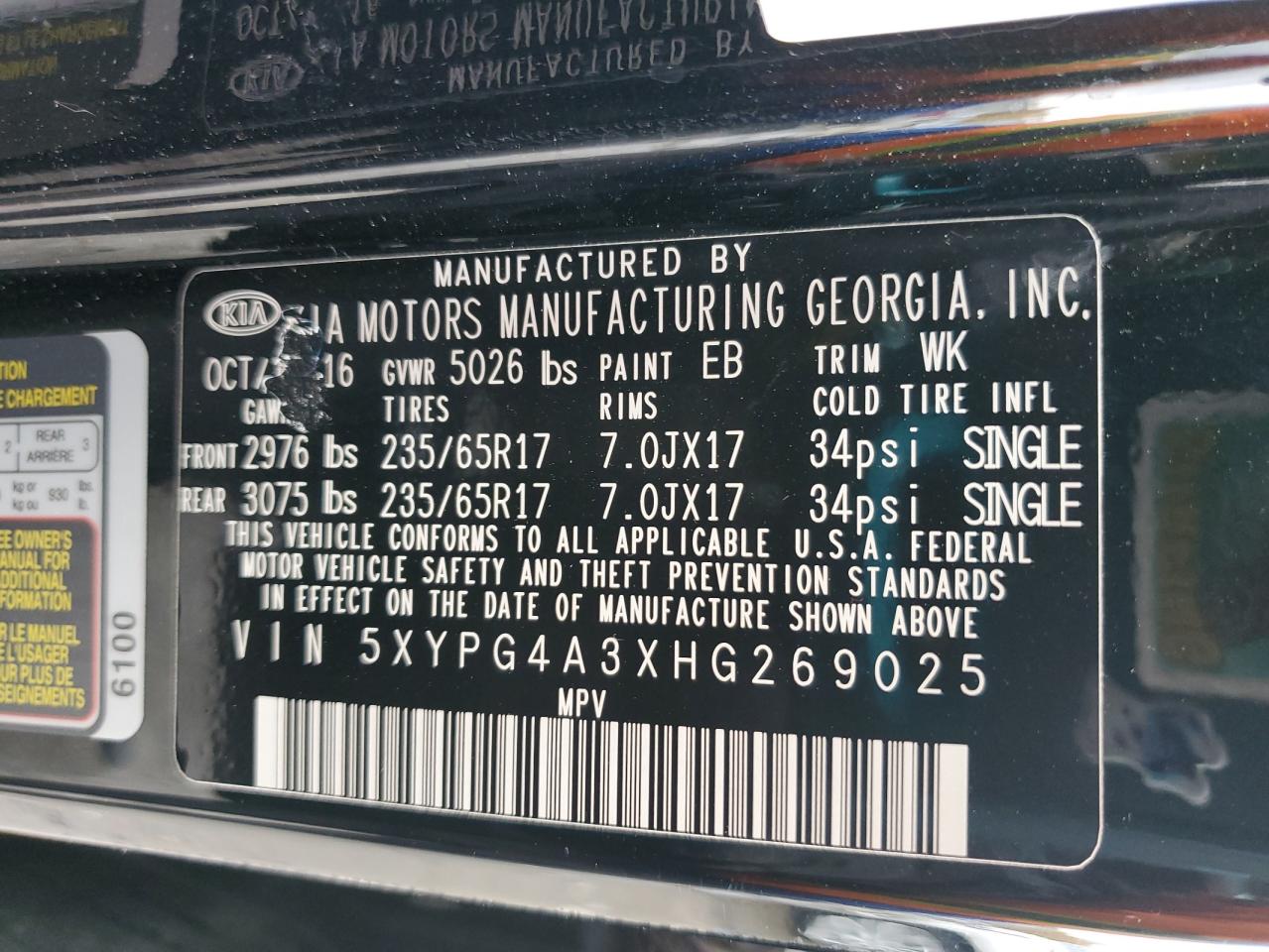 2017 KIA Sorento VIN 5XYPG4A3XHG269025 Copart auction photo, hail damage thumbnail 13