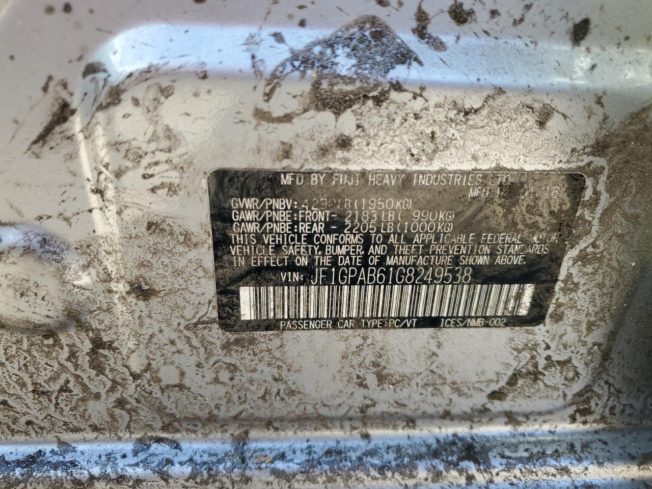 2016 Subaru Impreza VIN JF1GPAB61G8249538 Copart auction photo, all over damage thumbnail 13