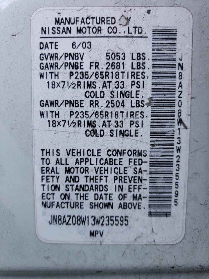 2003 Nissan Murano VIN JN8AZ08W13W235595 Copart auction photo, front end / rear end damage thumbnail 14