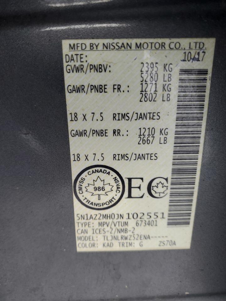 2018 Nissan Murano VIN 5N1AZ2MH0JN102551 Copart auction photo, front end / side damage thumbnail 13