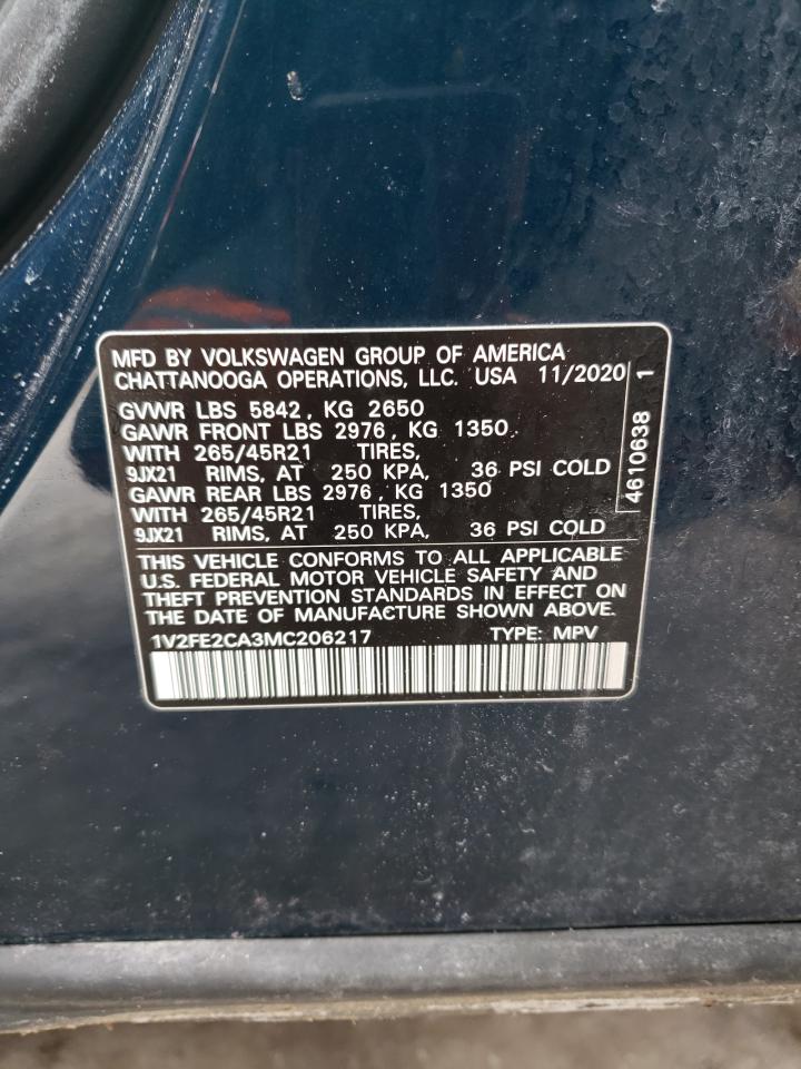 2021 Volkswagen Atlas VIN 1V2FE2CA3MC206217 Copart auction photo, front end / side damage thumbnail 15