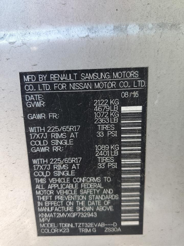2016 Nissan Rogue VIN KNMAT2MVXGP732943 Copart auction photo, side / front end damage thumbnail 15
