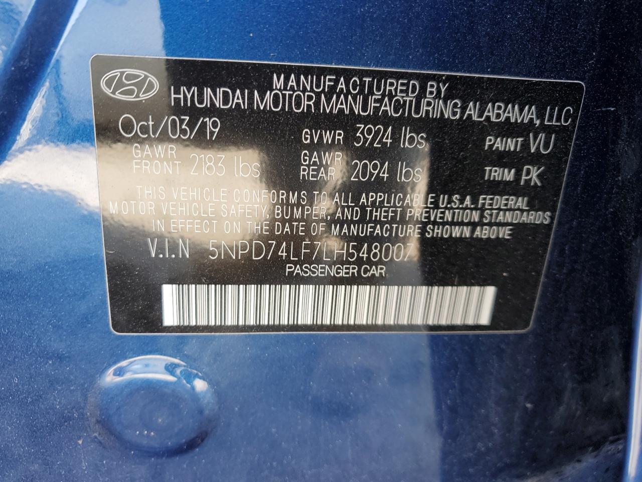 2020 Hyundai Elantra VIN 5NPD74LF7LH548007 Copart auction photo, front end damage thumbnail 13
